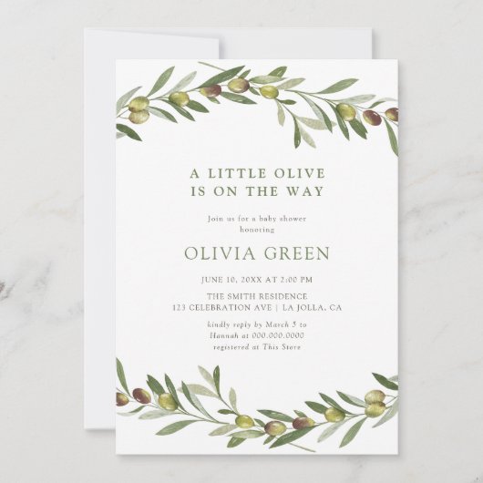 小さなオリーブ色の赤ちゃんシャワー 招待状 (正面)