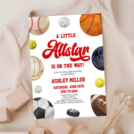 小さなオールスターが行く！スポーツ赤ちゃんシャワー 招待状