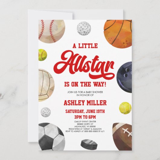 小さなオールスターが行く！スポーツ赤ちゃんシャワー 招待状 (正面)