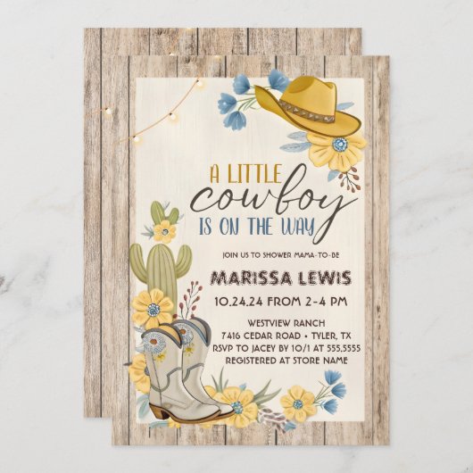 小さなカウボーイがやってくる ブルー イエロー ウエスタン 招待状 (正面/裏面)