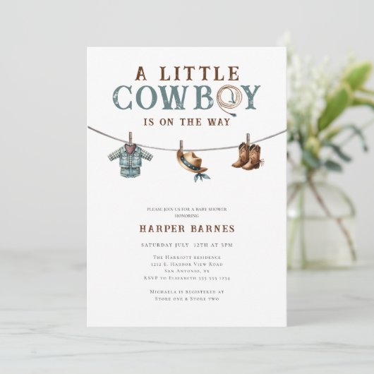 小さなカウボーイがやってくる!ボーイベイビーシャワー 招待状 (スタンド正面)