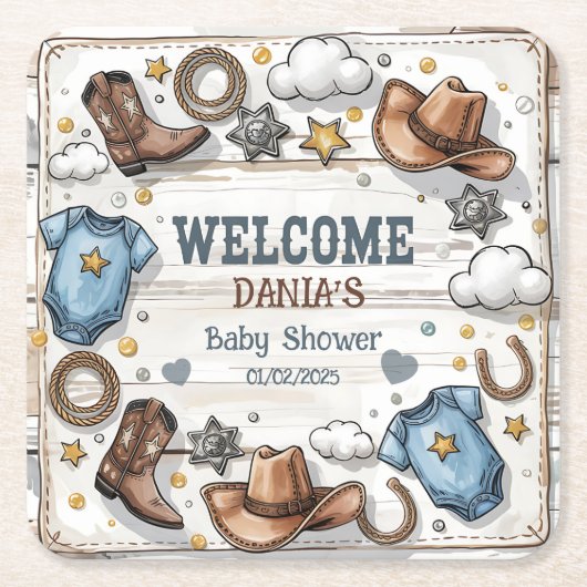 小さなカウボーイがウェスタンの赤ん坊のシャワーに行く スクエアペーパーコースター (正面)