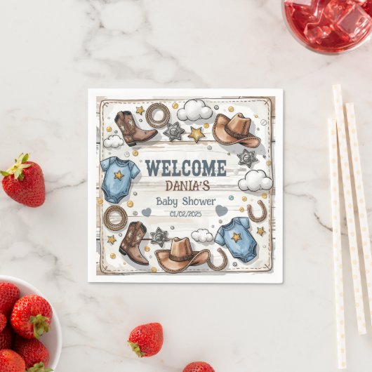 小さなカウボーイがウェスタンの赤ん坊のシャワーに行く スタンダードカクテルナプキン (インサイチュ)