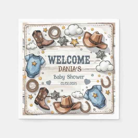 小さなカウボーイがウェスタンの赤ん坊のシャワーに行く スタンダードカクテルナプキン (正面)