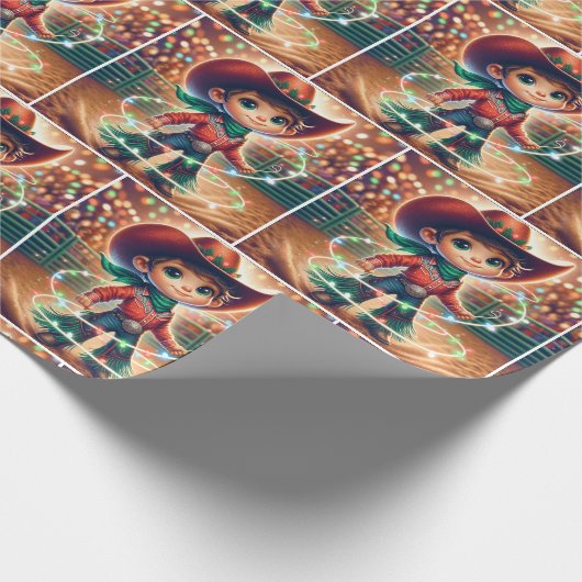 小さなカウボーイがクリスマスライトを回す ラッピングペーパー (角)