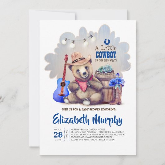 小さなカウボーイがベビーシャワーを持って行く 招待状 (正面)