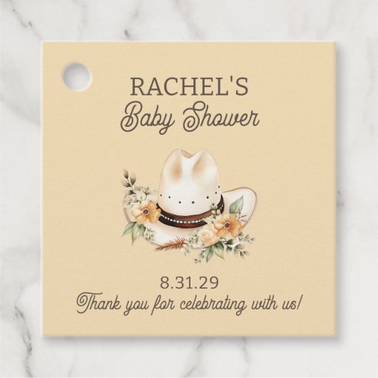 小さなカウボーイが彼の道に西の赤ちゃんシャワー フェイバータグ (正面)