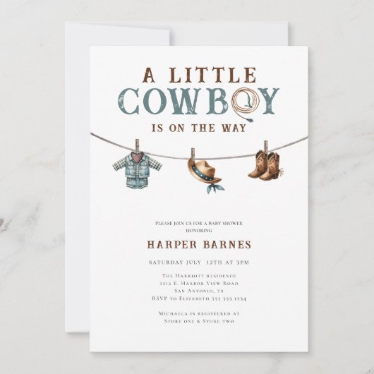 小さなカウボーイが男の子の赤ん坊のシャワーに向かっている 招待状 (正面)