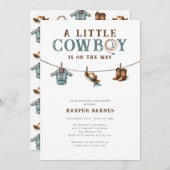 小さなカウボーイが男の子の赤ん坊のシャワーに向かっている 招待状 (正面/裏面)