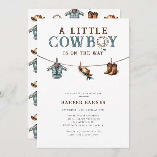 小さなカウボーイが男の子の赤ん坊のシャワーに向かっている 招待状 (正面/裏面)