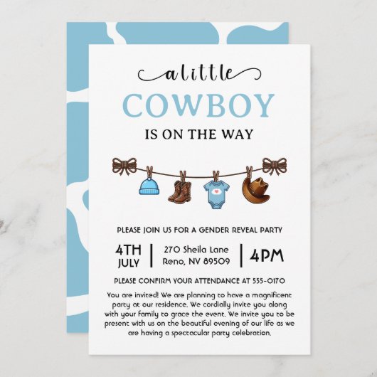 小さなカウボーイが西の赤ちゃんシャワーを途中にある 招待状 (正面/裏面)