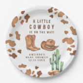小さなカウボーイが赤ちゃんシャワーを浴びている ペーパープレート (正面)