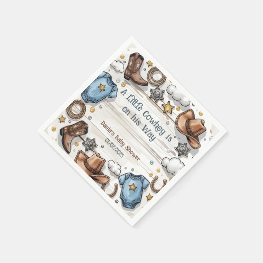 小さなカウボーイが赤ちゃんシャワーを浴びる途中 スタンダードカクテルナプキン (角)