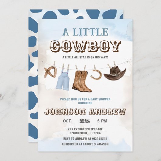 小さなカウボーイが赤ちゃんシャワーを浴びる 招待状 (正面/裏面)