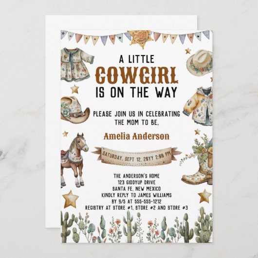 小さなカウボーイが赤ちゃんシャワー素朴を浴びる 招待状 (正面/裏面)