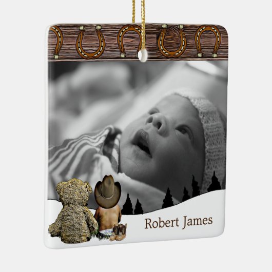 小さなカウボーイとテディベアカントリークリスマス セラミックオーナメント (右)