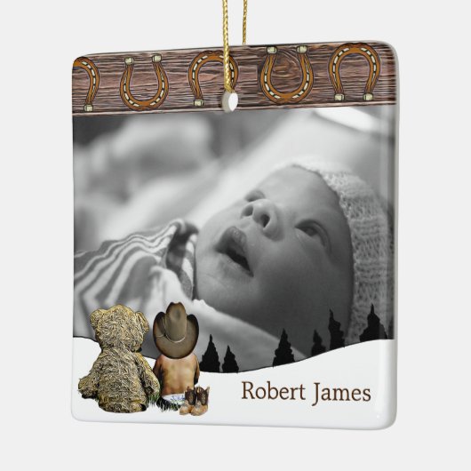 小さなカウボーイとテディベアカントリークリスマス セラミックオーナメント (左)