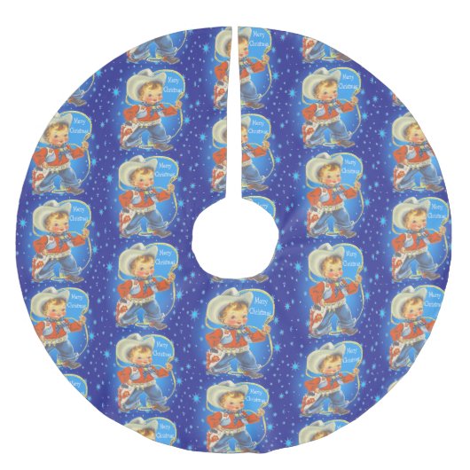 小さなカウボーイとロープで陽気なクリスマス ブラッシュドポリエステルツリースカート (正面)