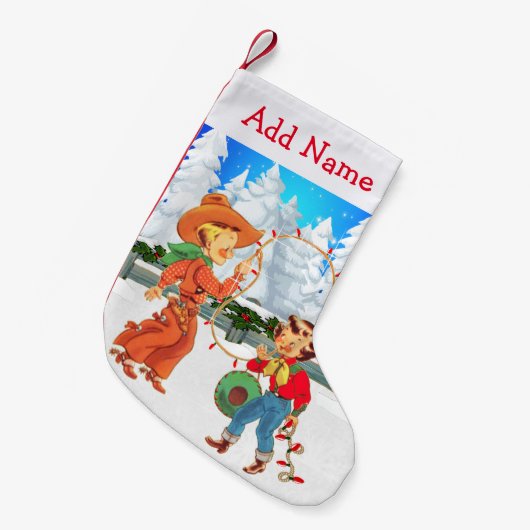 小さなカウボーイとロープライト女性のカーボーイ冬 スモールクリスマスストッキング (正面 (吊り時))