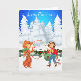 小さなカウボーイと女性のカーボーイでロープライト冬 シーズンカード