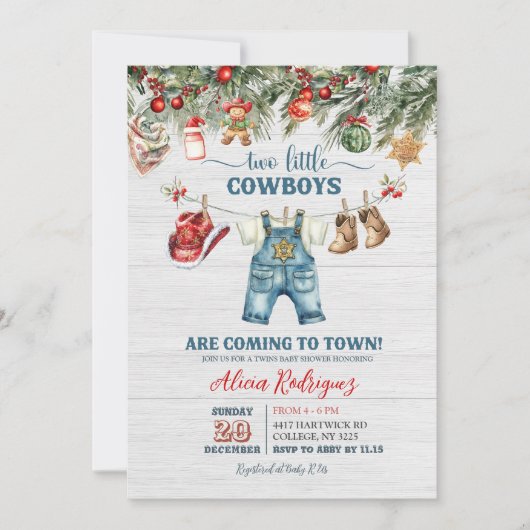 小さなカウボーイのウェスタンホリデー双子ベビーシャワー 招待状 (正面)