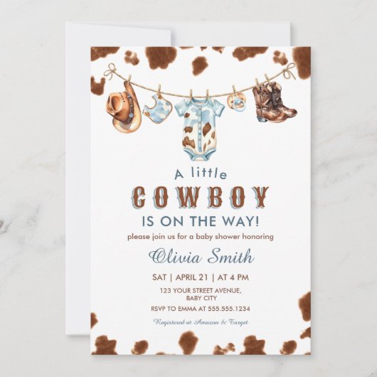 小さなカウボーイの西の物干し用の赤ちゃんシャワー 招待状 (正面)