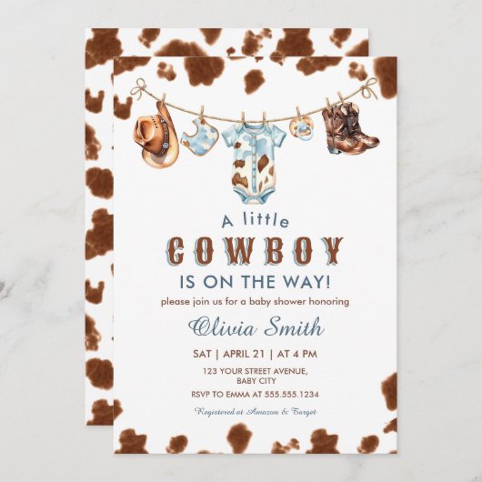 小さなカウボーイの西の物干し用の赤ちゃんシャワー 招待状 (正面/裏面)
