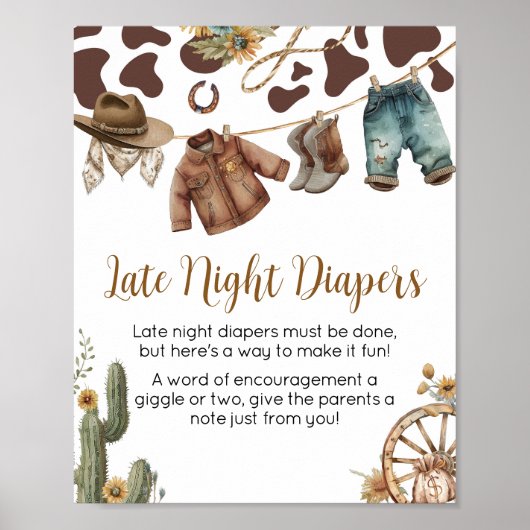 小さなカウボーイの赤ちゃんシャワー夜遅くのおむつ ポスター (正面)