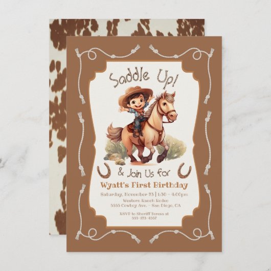 小さなカウボーイの馬の誕生日パーティー 招待状 (正面/裏面)