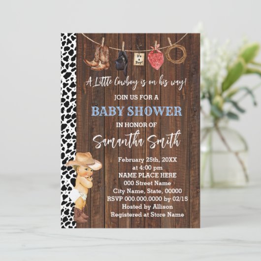 小さなカウボーイは彼の方法は西部の赤ちゃんシャワー 招待状 (スタンド正面)