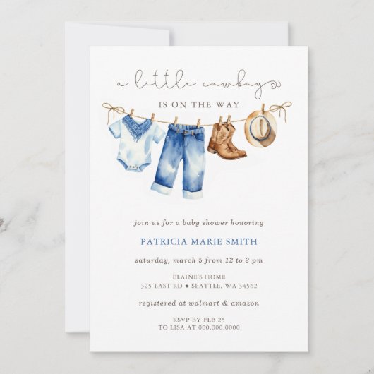 小さなカウボーイは男の子の赤ちゃんシャワーの途中にある 招待状 (正面)