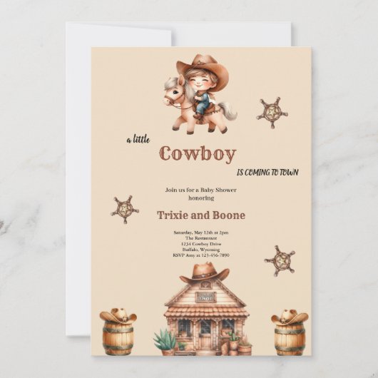 小さなカウボーイは町来のカウボーイのバビシャワーに行く 招待状 (正面)