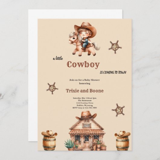 小さなカウボーイは町来のカウボーイのバビシャワーに行く 招待状 (正面/裏面)