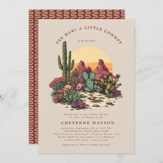 小さなカウボーイウェスタンの赤ちゃんシャワー 招待状 (正面/裏面)