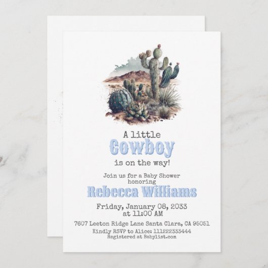 小さなカウボーイウェスタンブルーボーイベビーシャワー 招待状 (正面/裏面)