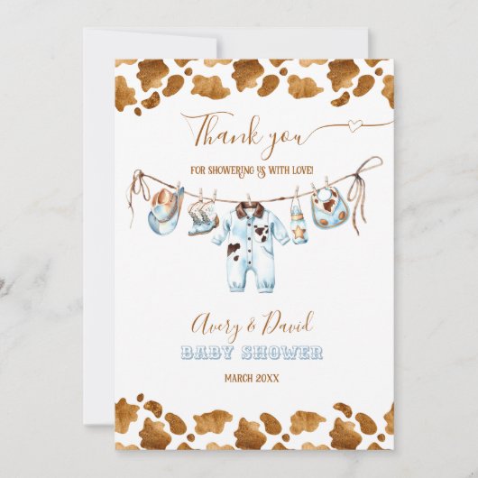 小さなカウボーイクロセスラインワイルドウエストボーイベビースシャワー サンキューカード (正面)