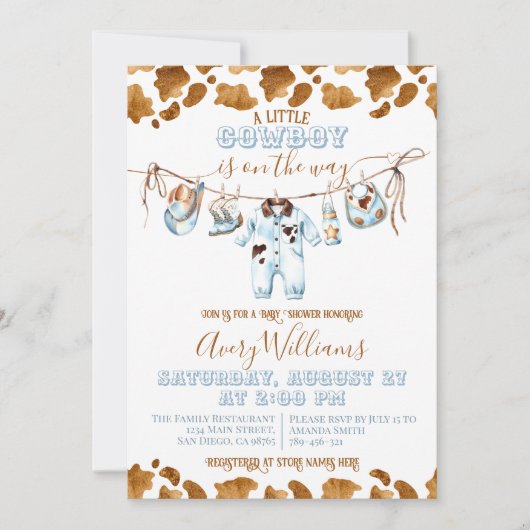 小さなカウボーイクロセスラインワイルドウエストボーイベビースシャワー 招待状 (正面)