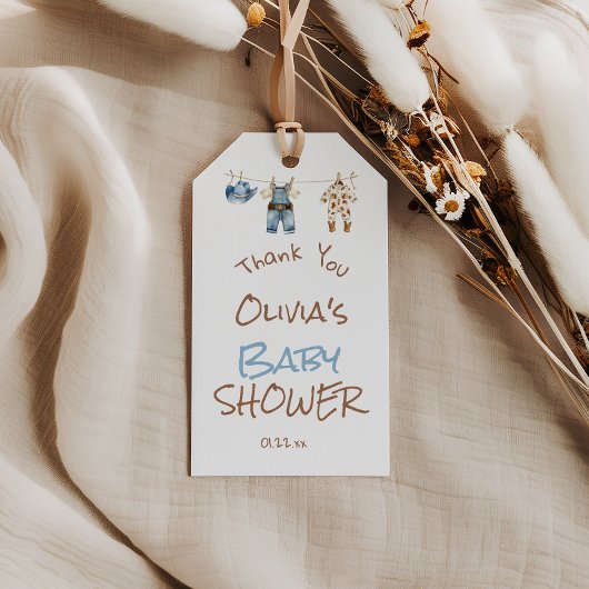 小さなカウボーイブルーブラウンクローザライン赤ちゃんシャワー ギフトタグ