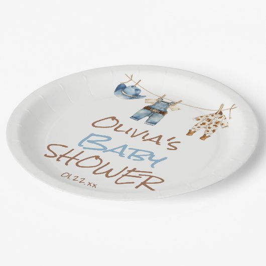 小さなカウボーイブルーブラウンクローザライン赤ちゃんシャワー ペーパープレート (アングル)