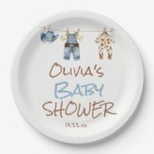 小さなカウボーイブルーブラウンクローザライン赤ちゃんシャワー ペーパープレート (正面)