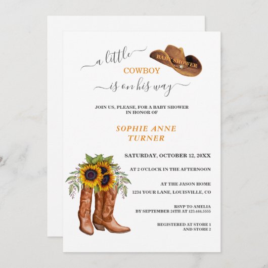 小さなカウボーイブーツ少年の書道赤ちゃんシャワー 招待状 (正面/裏面)