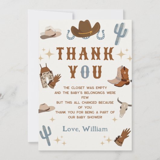 小さなカウボーイロデオウェスタンベビーシャワー サンキューカード (正面)