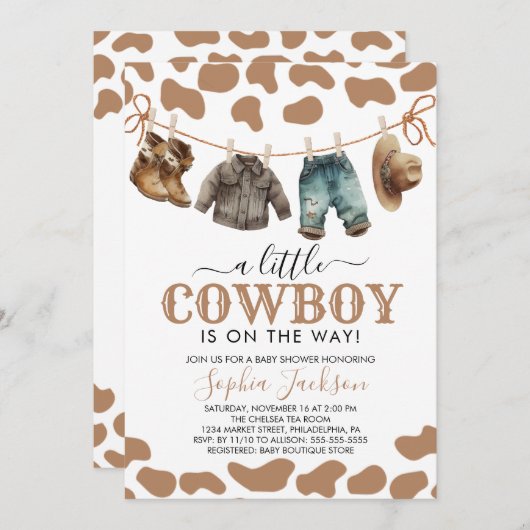 小さなカウボーイワイルドウェストブラウンカウボーイベビーシャワー 招待状 (正面/裏面)