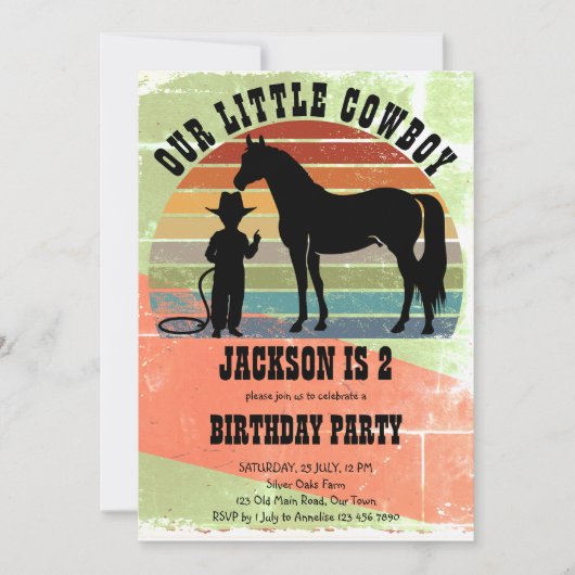 小さなカウボーイヴィンテージサンセットボーイズ誕生日パーティー 招待状 (正面)