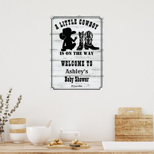 小さなカウボーイ素朴な黒と白の赤ちゃんシャワー ポスター (キッチン)