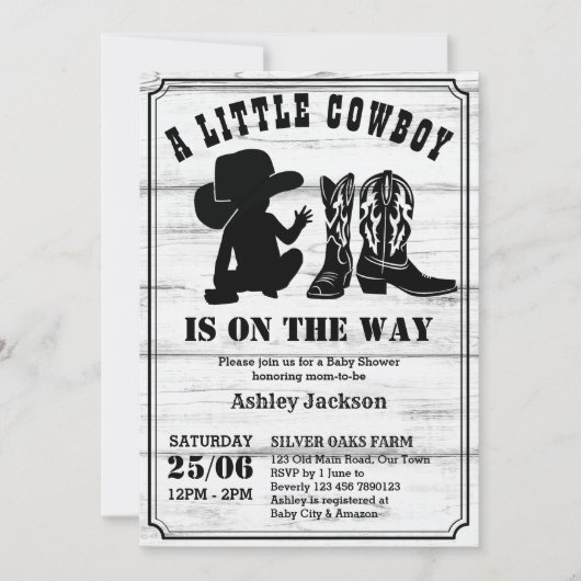 小さなカウボーイ素朴な黒と白の赤ちゃんシャワー 招待状 (正面)