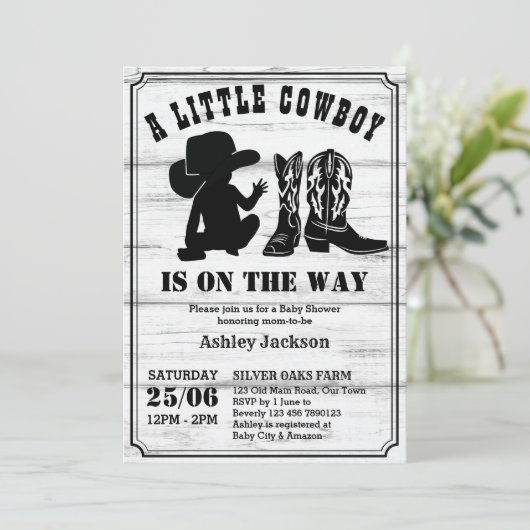 小さなカウボーイ素朴な黒と白の赤ちゃんシャワー 招待状 (スタンド正面)