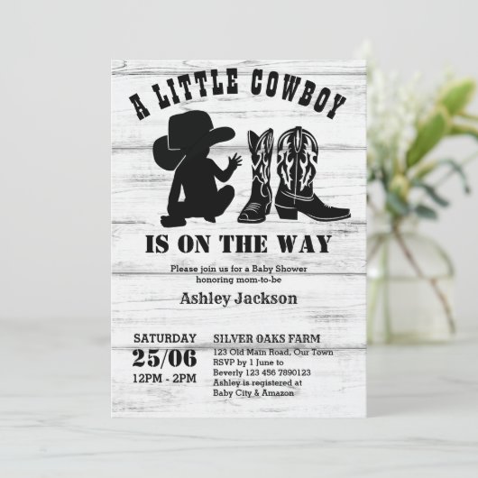 小さなカウボーイ素朴な黒と白の赤ちゃんシャワー 招待状 (スタンド正面)