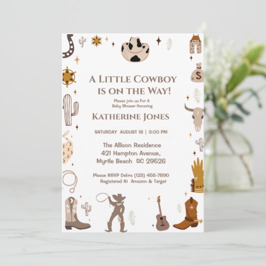 小さなカウボーイ素朴ウェスタンの赤ちゃんシャワー 招待状 (スタンド正面)