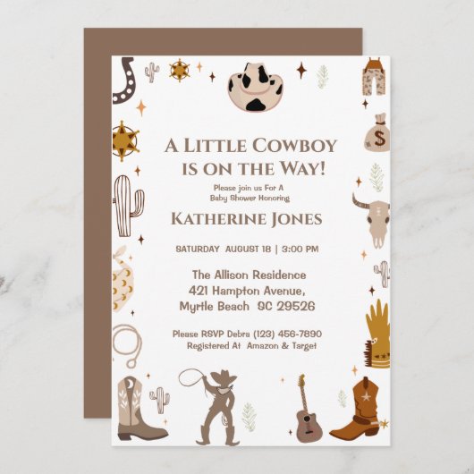小さなカウボーイ素朴ウェスタンの赤ちゃんシャワー 招待状 (正面/裏面)